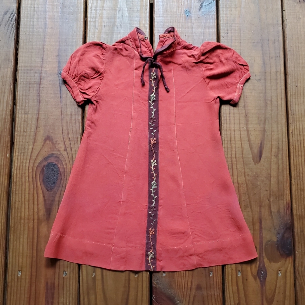 True vintage 1930's 30's baby girls red brown embroidered puff sleeve dress